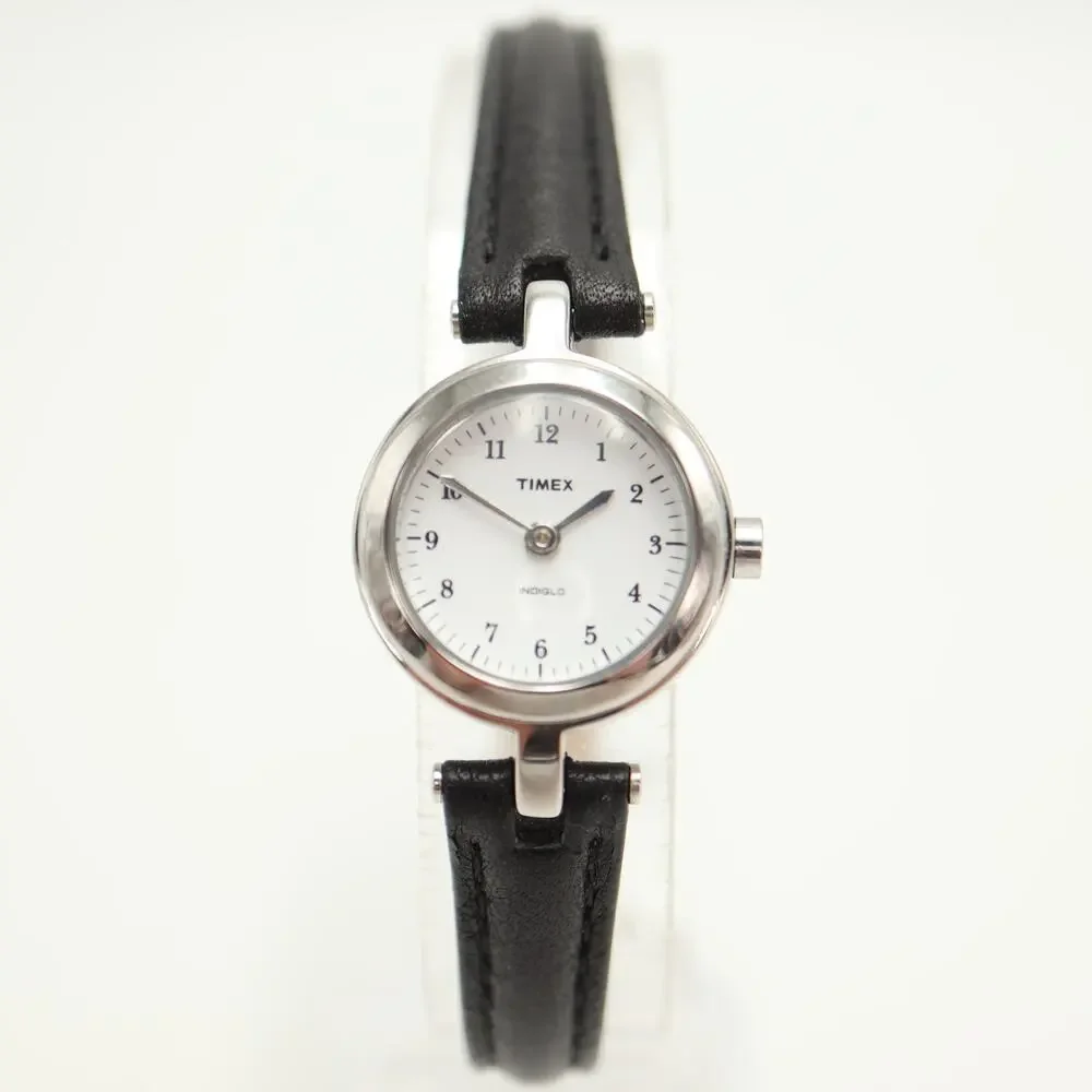 Timex Indiglo Petite 21mm Silver Tone Womens Watch Black Leather w New Battery